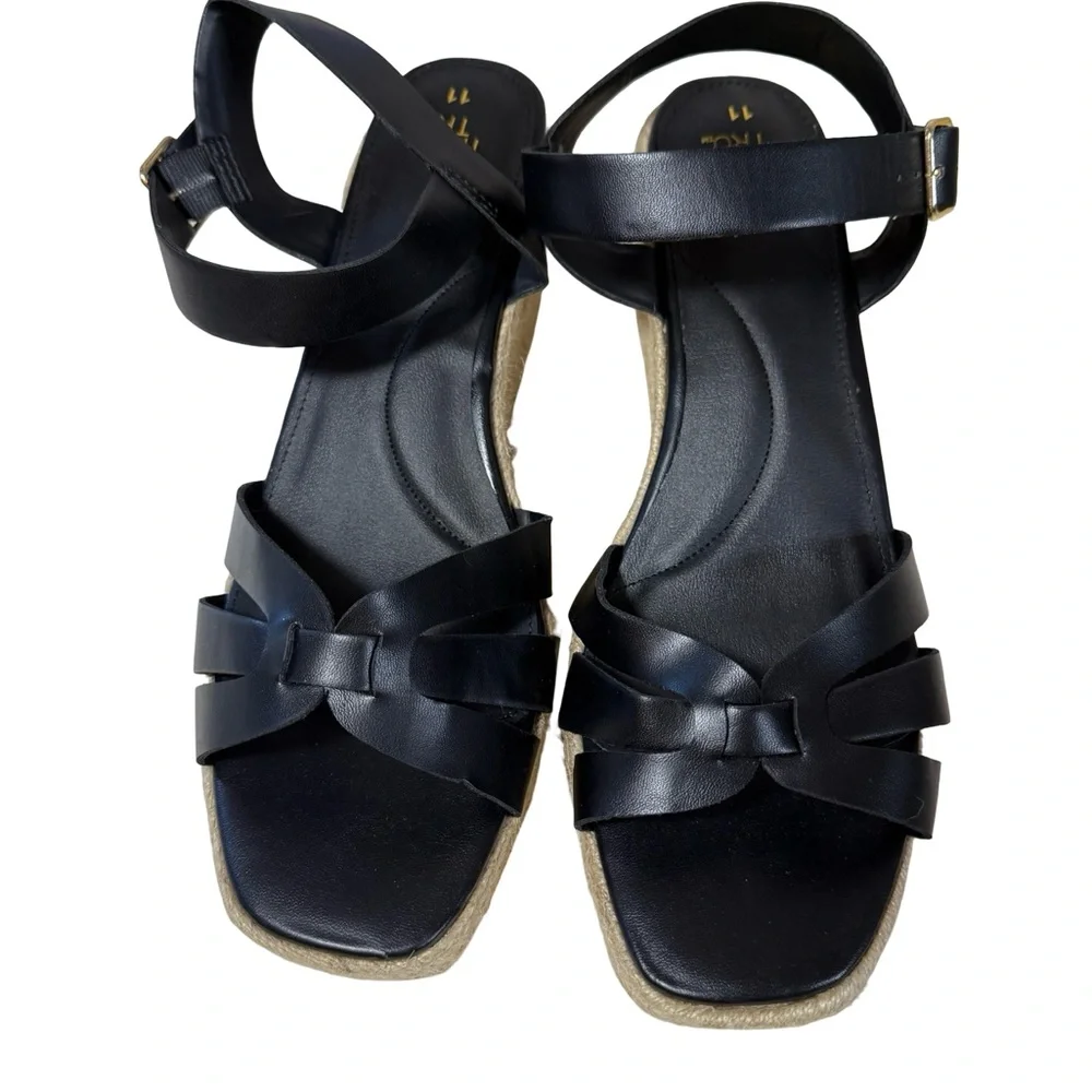 Time and Tru Black Espadrille Wedge Sandals Size 11 NWT